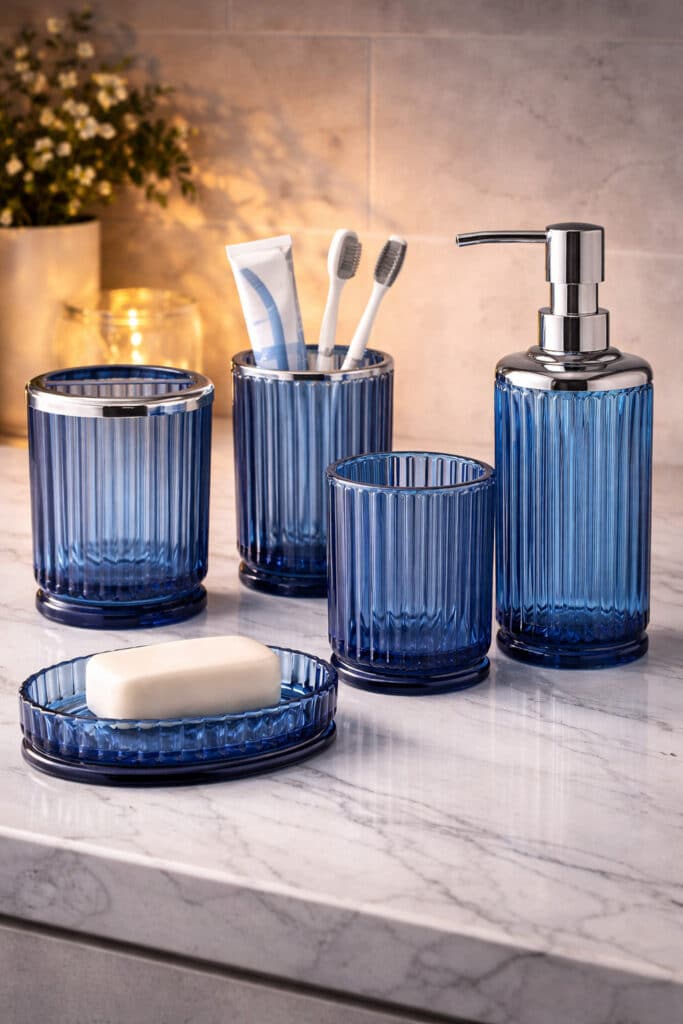 Lot de 4 Accessoires de Salle de Bain en Verre Bleu