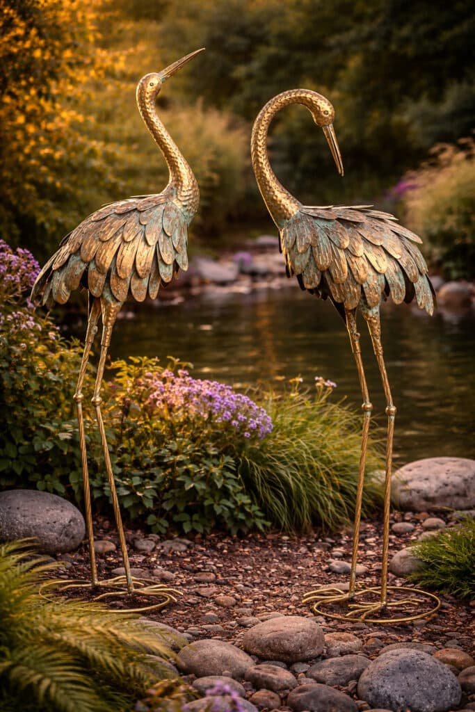 Lot de 2 Statues de Jardin, Sculpture de Héron en Métal