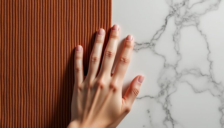 découvrez l'effet unique du contraste thermique au toucher, résultant de l'association harmonieuse du velours côtelé chaleureux et du marbre froid et lisse.