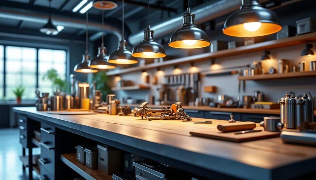 optimisez l'éclairage de vos plans de travail grâce à des suspensions de luminaires directionnels, pour une lumière ciblée et efficace.