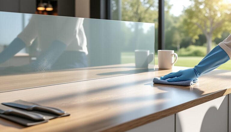 découvrez comment la surface lisse de la crédence en verre facilite le nettoyage de votre espace repas pour un entretien simple et rapide.