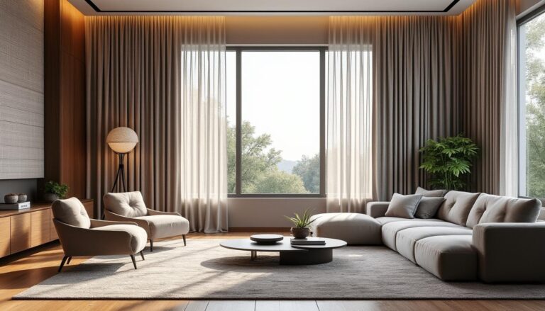 améliorez le confort acoustique de votre salon grâce à des rideaux à tissage épais, optimisant l'isolation sonore et créant une ambiance paisible et agréable.