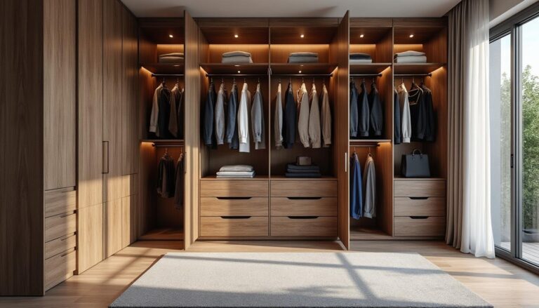 optimisez votre espace avec une organisation de dressing sur mesure, alliant penderies fonctionnelles et tiroirs profonds pour un rangement structuré et élégant.