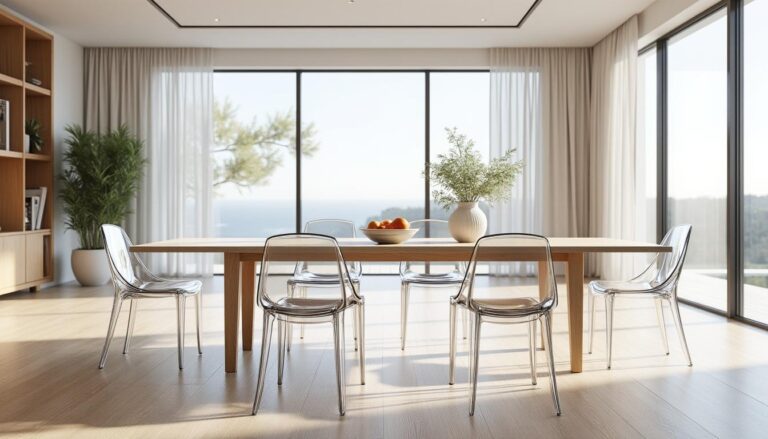 découvrez comment la transparence des chaises en polycarbonate apporte un allègement visuel élégant à votre salle à manger, créant un espace moderne et lumineux.