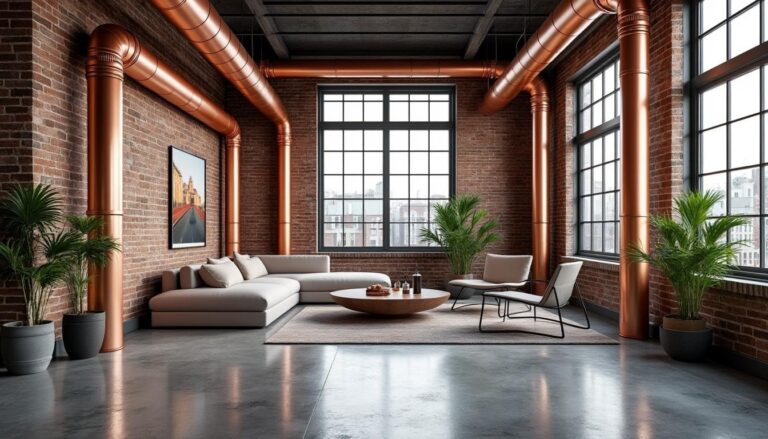 découvrez le caractère industriel unique du loft urbain, sublimé par l'exposition élégante des tuyauteries en cuivre pour un style authentique et moderne.