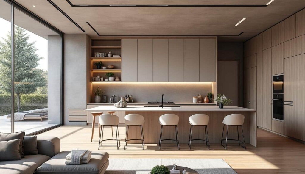 découvrez comment un îlot central crée une séparation fluide et élégante entre le salon et la cuisine, optimisant l'espace et favorisant la convivialité.