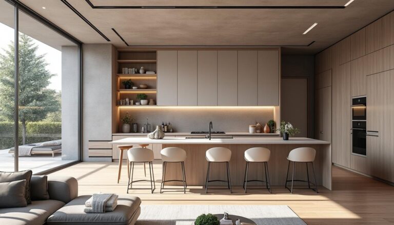 découvrez comment un îlot central crée une séparation fluide et élégante entre le salon et la cuisine, optimisant l'espace et favorisant la convivialité.