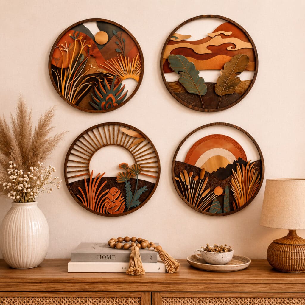 Art mural bohème, 4 pièces, en bois