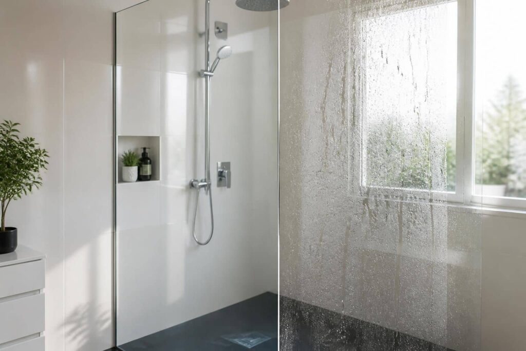 découvrez comment une paroi de douche traitée anti-calcaire facilite l'entretien en retardant l'accumulation de dépôts et en simplifiant le nettoyage de la vitre.