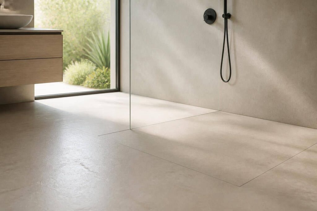 découvrez la liaison directe innovante entre le receveur extra-plat en résine et son intégration visuelle parfaite dans le sol, alliant design élégant et fonctionnalité optimale pour une salle de bain moderne.