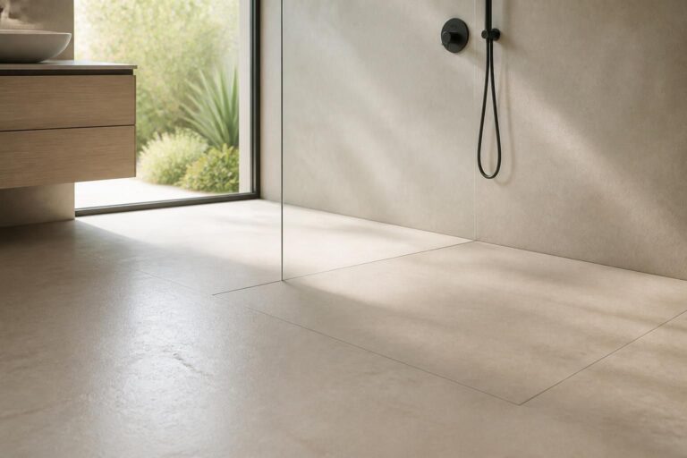découvrez la liaison directe innovante entre le receveur extra-plat en résine et son intégration visuelle parfaite dans le sol, alliant design élégant et fonctionnalité optimale pour une salle de bain moderne.