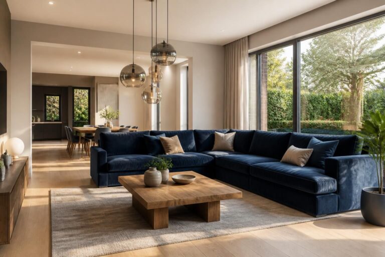 découvrez comment optimiser l'espace de votre salle de réception avec un canapé d'angle en velours, alliant confort et design pour une ambiance conviviale et élégante.