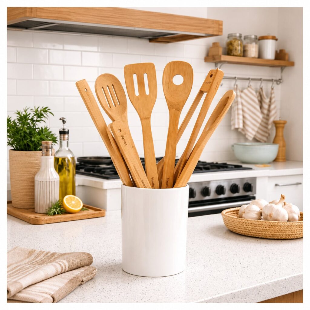 Ustensiles cuisine bois bambou set de 7 anti-rayures