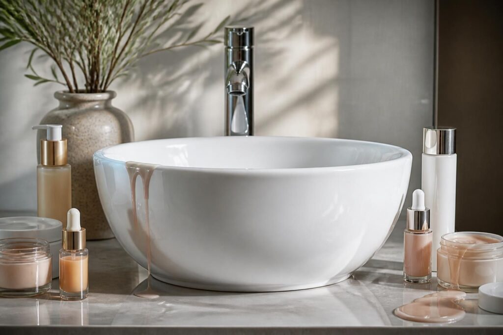 découvrez comment la liaison directe entre la vasque à poser en céramique garantit une durabilité optimale face aux effets des produits cosmétiques, alliant design et résistance.
