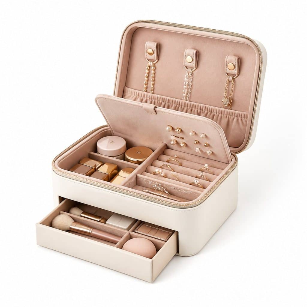 Étui à bijoux et maquillage combiné format voyage présenté seul