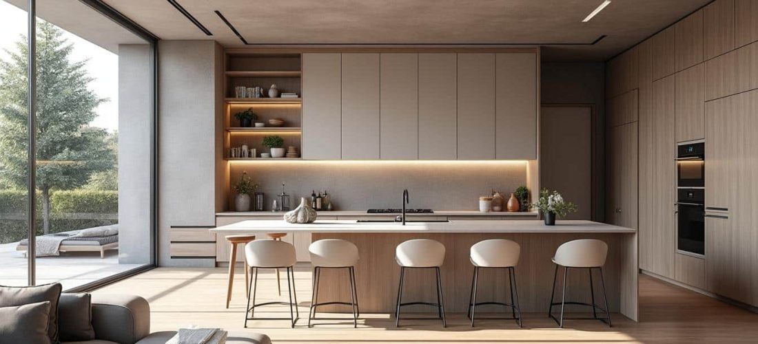 découvrez comment un îlot central crée une séparation fluide et élégante entre le salon et la cuisine, optimisant l'espace et favorisant la convivialité.