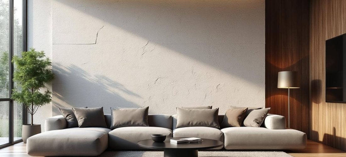 sublimez votre séjour en valorisant le mur principal grâce à l'application d'un enduit décoratif, apportant texture et élégance à votre intérieur.